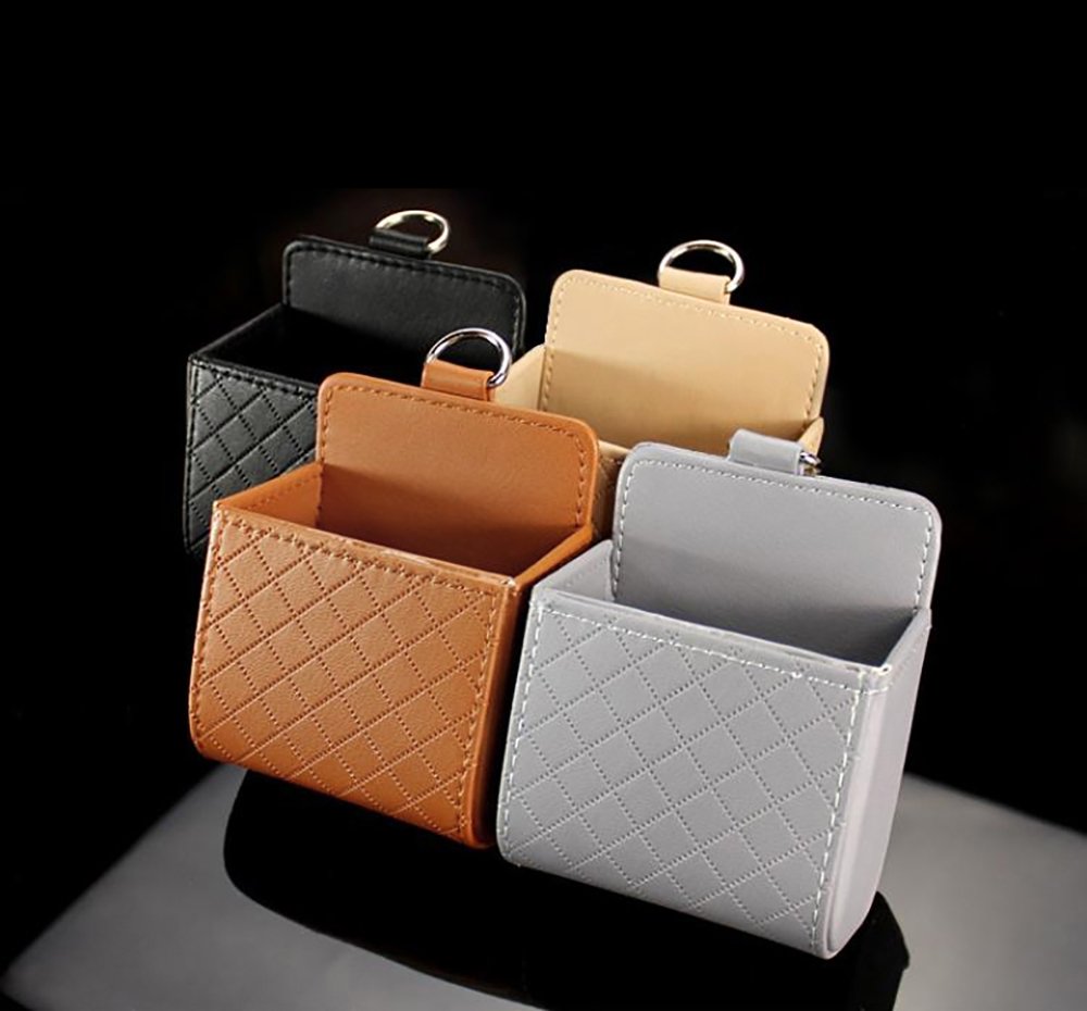 Pevor Car Auto Seat Back Interior Air Vent Cell Phone Holder Pouch Bag Box PU Leather Tidy Storage Coin Bag Case Organizer with Hook (Black)