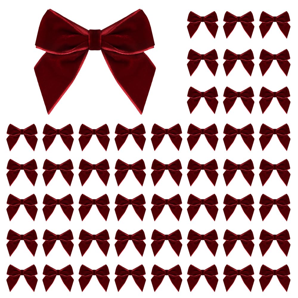 Photo 1 of 50 PCS Burgundy Velvet Bows for Christmas Tree, 2.75" Small Velvet Ribbon Bows for Gift Wrapping, Mini Bows for Crafts, Bow Decorations for Party Baby Shower Birthday Wedding (Burgundy, 50PCS)
