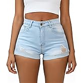 Weigou Women Jean Short Ripped Hot Shorts Comfy Stretchy Women Fringed Denim Shorts