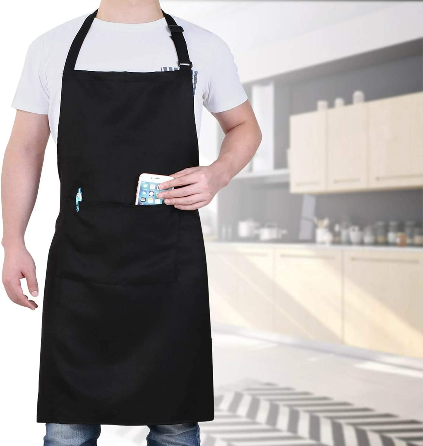 Will Well Adjustable Bib Aprons, Water Oil Stain Resistant Black Chef Cooking Kitchen Aprons with Pockets for Men Women (1 Pack): Kitchen & Dining