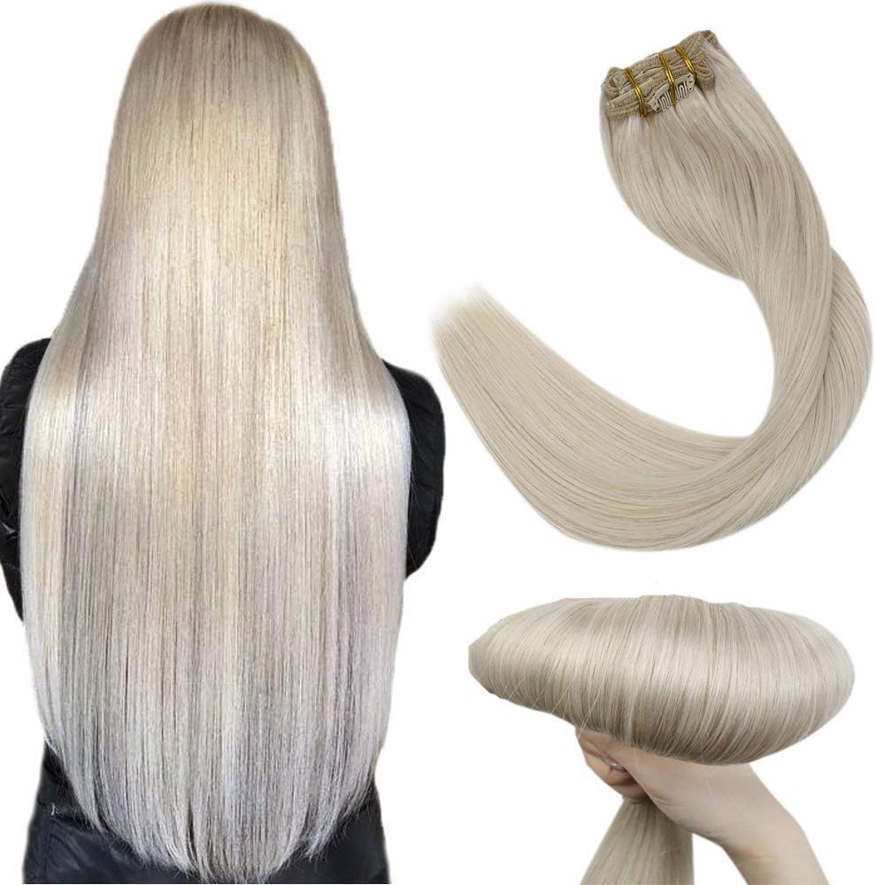 Easyouth Clip in Hair Extensions Human Hair Blonde Hair Extensions Clips in Human Hair White Blonde Clip ins Human Hair Extension Remy Natural 18 Inch 120g 7Pcs #1000