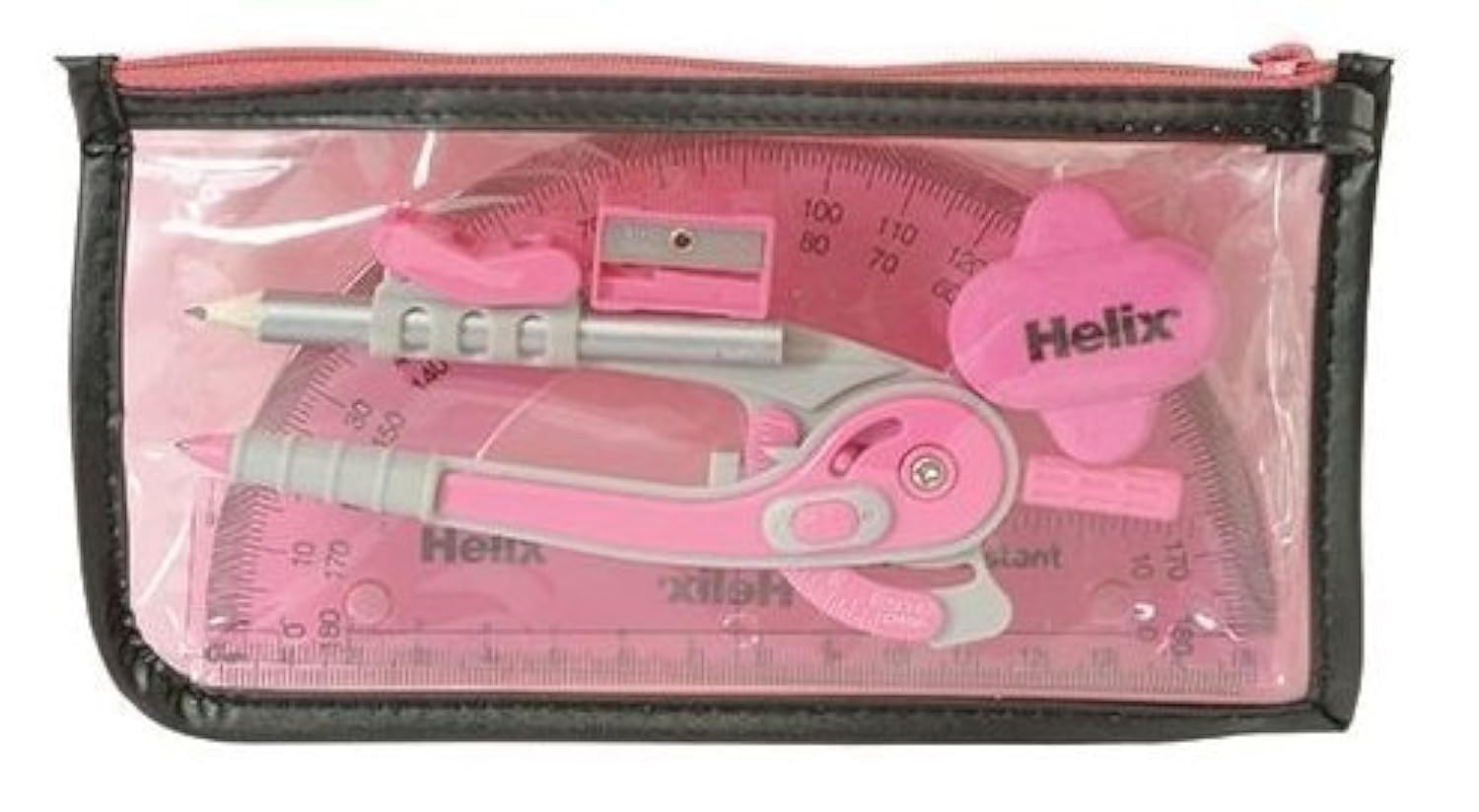 1 x Pink Helix Super School Kit Maths Set, Ruler, Protractor, Compass
