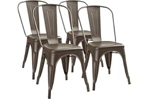 Furmax Metal Dining Chair Indoor Outdoor Use Stackable Classic Trattoria Chair Chic Dining Bistro Cafe Side Metal Chairs Set of 4 (Gun)