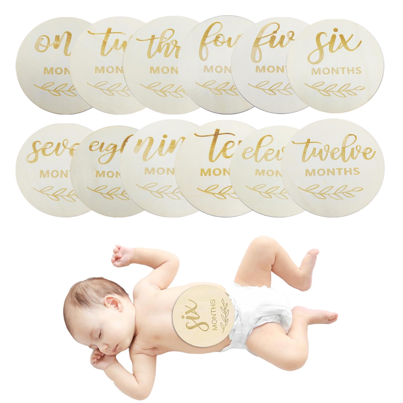 24pcs Baby Monthly Milestone Cards, Wooden Newborn Welcome Sign Round, Double Sided Baby Milestone Signs Circles, Festival Milestone Stickers for Baby Boy and Girl 0-12 Months Growth Recording