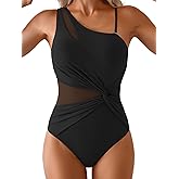 Aidonger One Shoulder One Piece Swimsuit for Women Mesh Tummy Control Bathing Suit Twist Swimwear with Removable Strap