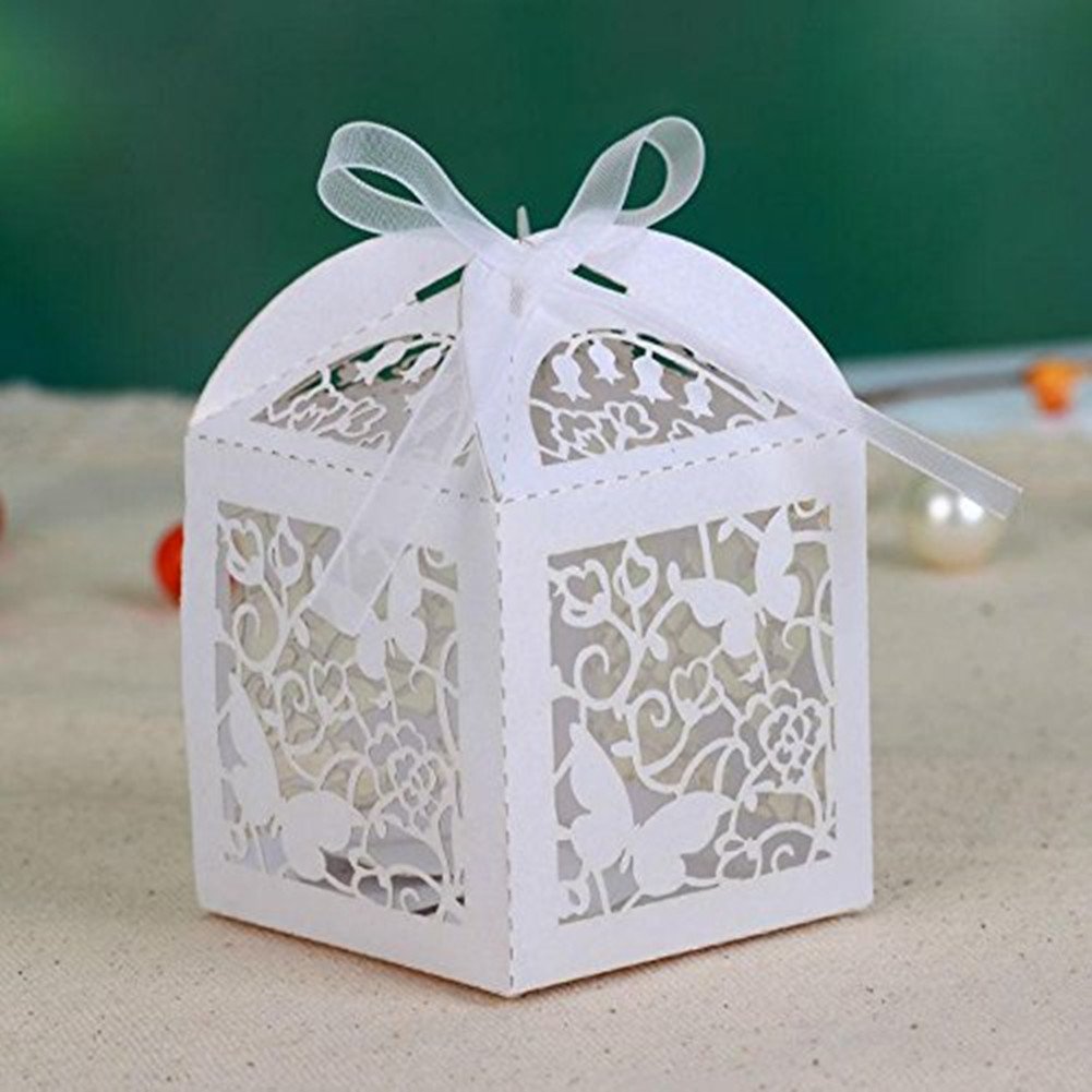 Wedding Gift Boxes, Eleoption Favour Box Cut with Laser Wedding Butterfly Party Gifts Candy Boxes (50 Pcs, White)