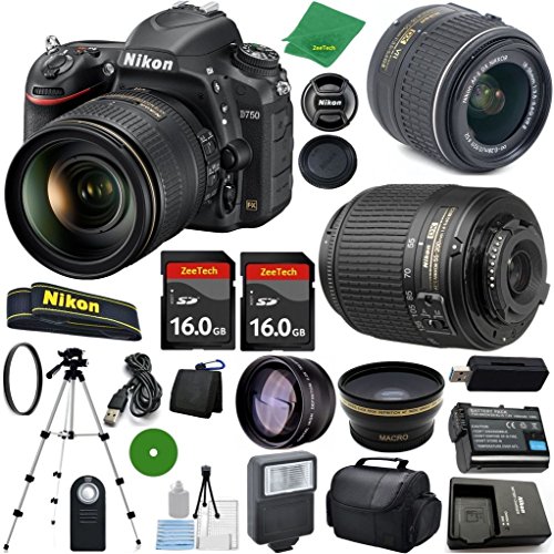 Nikon D750 - International Version (No Warranty), 18-55mm f/3.5-5.6 DX VR, Nikon 55-200mm f4-5.6G ED DX Nikkor, 2pcs 16GB Memory, Case, Wide Angle, Telephoto, Flash Nikon D750 - International Version (No Warranty), 18-55mm f/3.5-5.6 DX VR, Nikon 55-200mm f4-5.6G ED DX Nikkor, 2pcs 16GB Memory, Case, Wide Angle, Telephoto, Flash