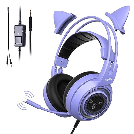Somic G951S Violett Gaming-Headset mit Mikrofon für PS4, Xbox One, PC, Handy, Surround-Sound, abnehmbare Katzen-Ohr-Kopfhörer