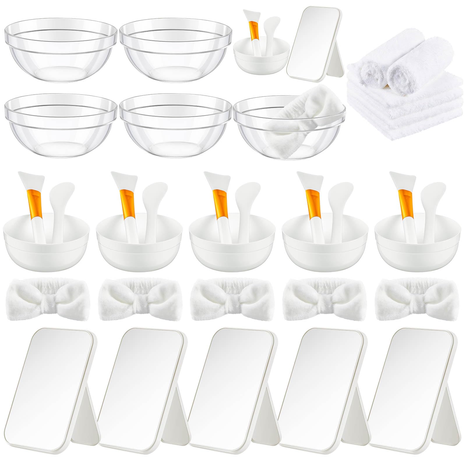 Photo 1 of Teenyyou 6 Set White Spa Party Supplies for Girls Women Include Facial Mask Bowl with Stick Spatula Silicone Brush Mirror Headband Towel for DIY Spa Sleepover Slumber Wedding Birthday Party Favor