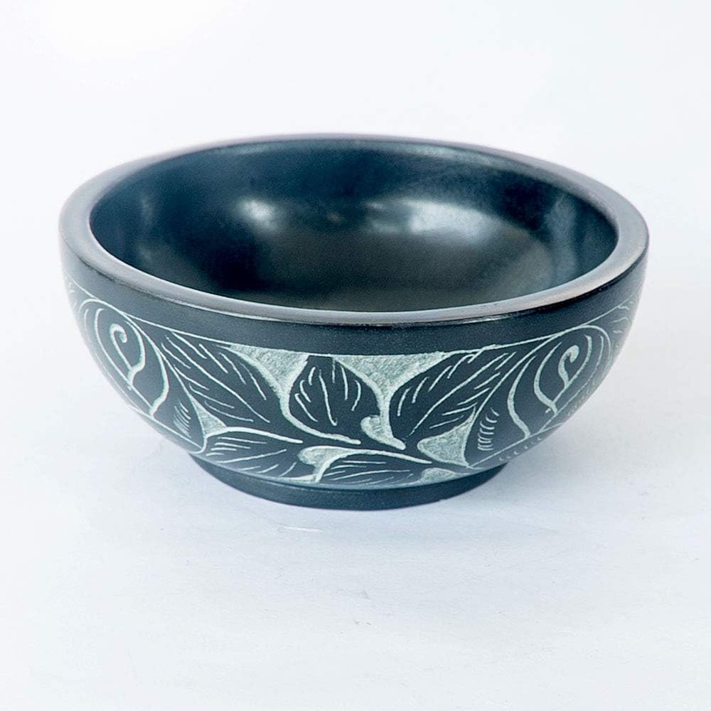 Kaizen Casa Hand Carved Natural Stone Smudge Bowl, White Leaf Design, Black