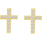 Cross Stud Earrings, Tiny Simple 14K White Gold Plated Small Cubic Zirconia Cross Earrings Stud for Women Men Silver Gold