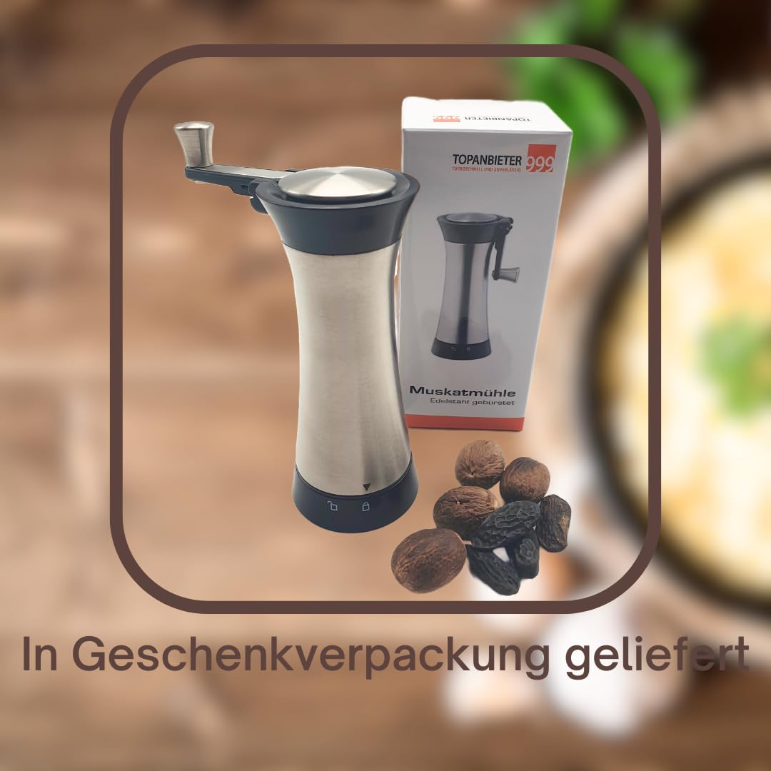 TOPANBIETER 999 Muskatmühle Gewürzmühle Muskatnussmühle Edelstahl mit Aufbewahrungsbehälter und einklappbarer Kurbel frische Muskatreibe paßt auch für Tonkabohnen 8
