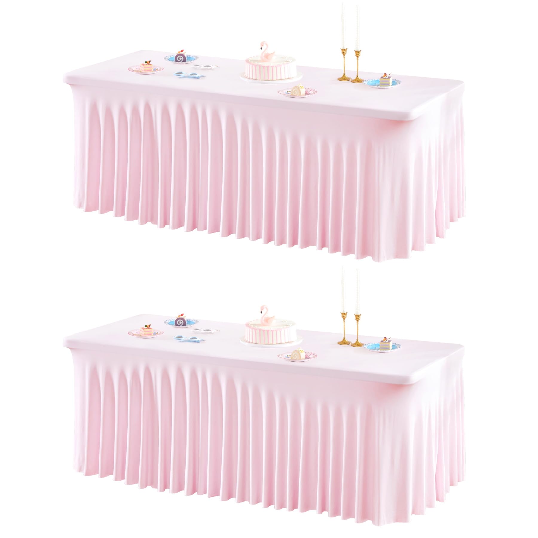 Photo 1 of 2 Packs Pink Table Clothes for 4 Foot Rectangle Tables, One-Piece Wrinkle Resistant Stretch Spandex Table Covers with Skirt for Event Banquet Wedding Birthday Party