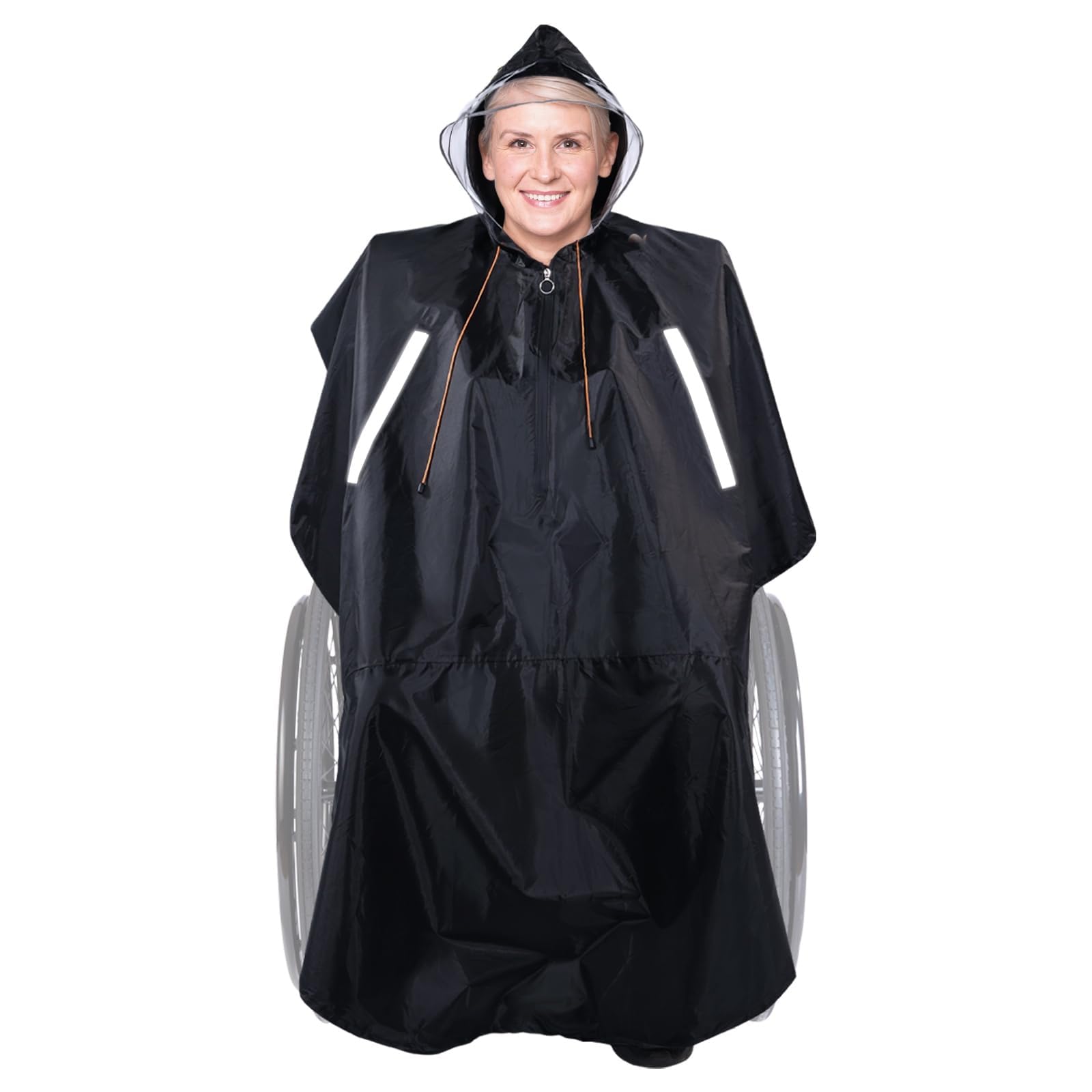 Wheelchair Rain Poncho Adult Full Body Coverage with Semi-Transparent Hood and Waterproof Zipper, Unisex Wheelchairs Rain Cape Protective Cover Windproof with Reflective Strips for Mobility Scooters