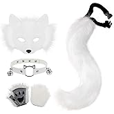 HAOAN Faux Fur Half Face Mask Paw Gloves Wolf Fox Tail and Leather Necklace Set Costume for Halloween Cosplay Party