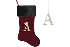 Yehnois 20 Inches Letter Embroidered Christmas Stocking,Personalized Burgundy Velvet Christmas Stocking,Holiday Season Decor and Xmas Gift（A）