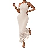 SOLY HUX Women's Summer Fringe Trim Halter Neck Bodycon Dress Crochet Sleeveless Maxi Dresses
