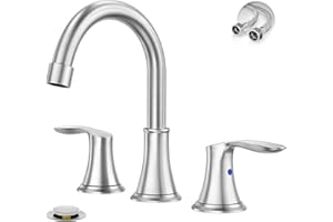 Phiestina Widespread 8 Inch 3 Holes Brushed Nickel Bathroom Faucet，Two Handles Stainless Steel Bathroom Sink Faucet with Metal Pop-Up Drain and Water Supply Lines, WFTY36-BN