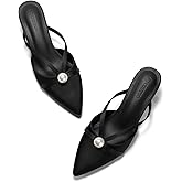 Coutgo Womens Pearl Kitten Heels Mules Closed Pointed Toe Sandals Satin Wedding Party Dress Shoes