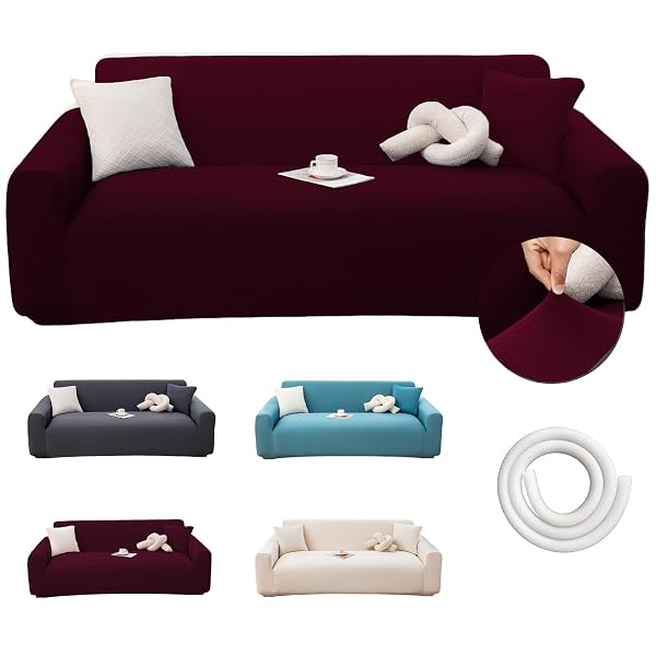 OBLU LIFE STRETCH COUCH COVER FOR 2 CUSHION LOVESEAT SOFA, FITS 57 X 72 INCH, JACQUARD WAFFLE FABRIC SLIPCOVER, WASHABLE PET FRIENDLY FURNITURE PROTECTOR WITH ELASTIC BOTTOM, WINE RED, 2 SEATS