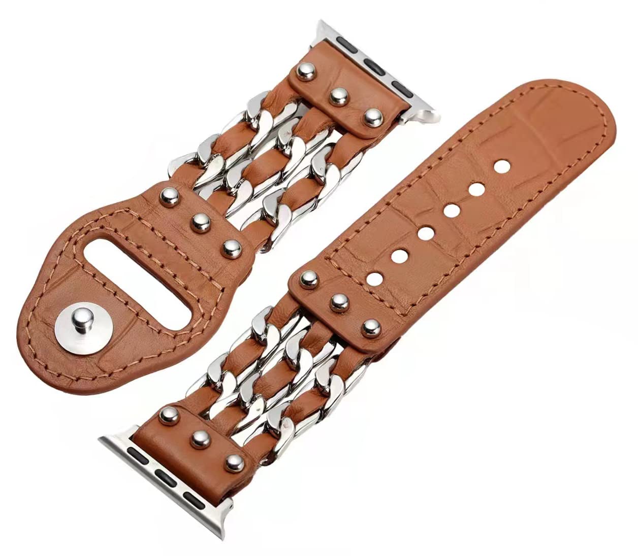 MaKTech Leather Strap,3 Rows COWBOY Chain Style Band,Compatible with Apple Watch Series 11/10/9/8/7,Ultra 3/2/1,SE 3/2/1 [2025] (46mm/45mm/44mm/49mm,Brown)