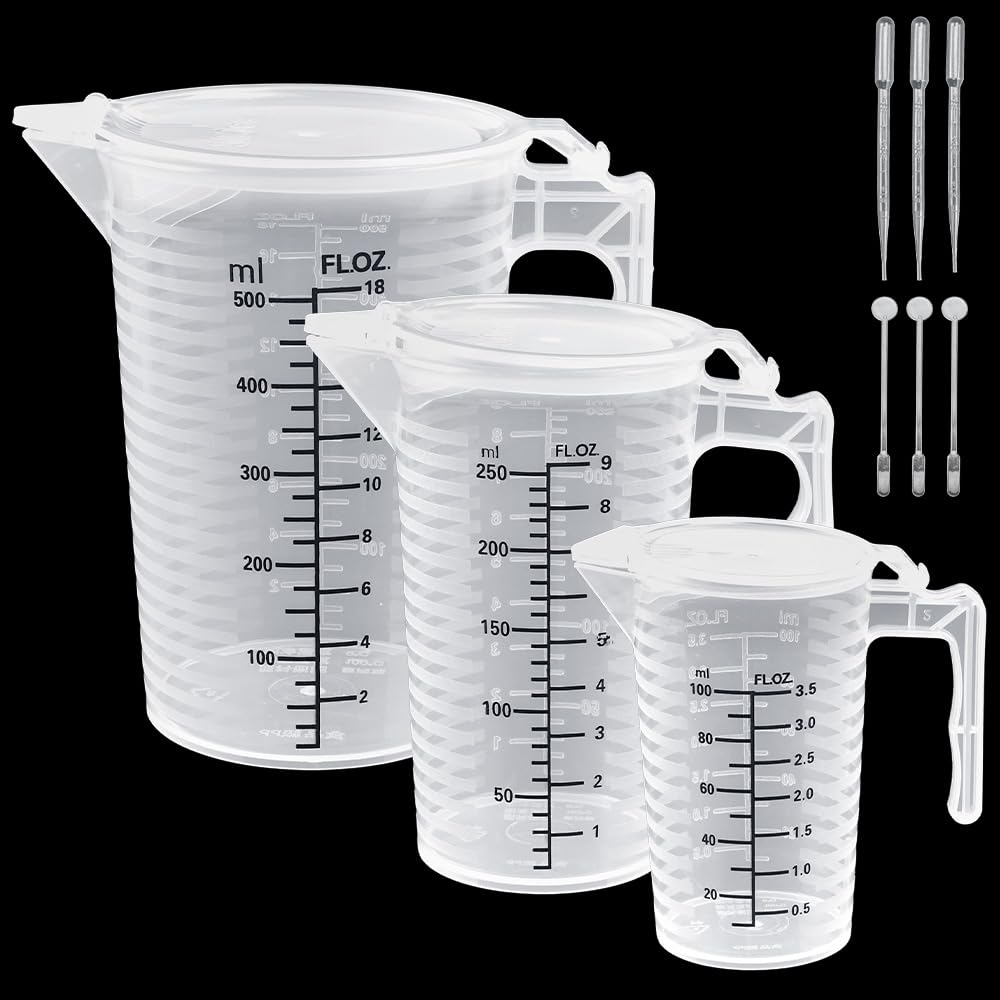 ADERTOS Measuring Jugs Set - 3 PCS 100ml, 250ml, 500ml Clear Plastic Graduated Beaker Measuring Cup With Lid