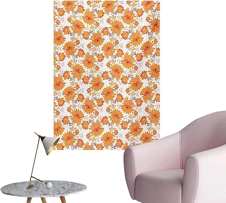 Amazon Co Jp Paradisedecor オレンジ 写真 壁紙 落書きスタイル 抽象的な花 シンプルな自然の花 デザイン 夏の時間 フローラオレンジとホワイト 壁ポスター W32 Xl48 ホーム キッチン