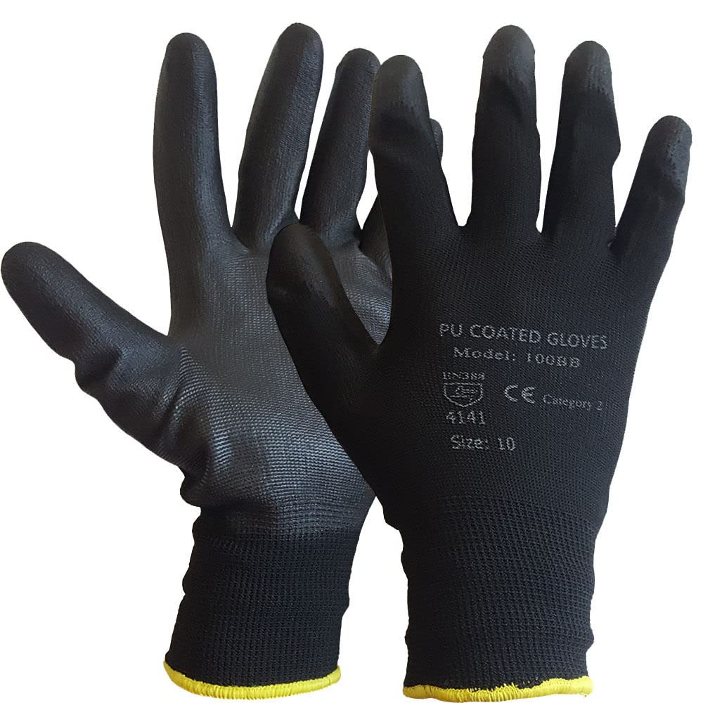 Supreme TTF 12 PAIRS BLACK PU COATED WORK GLOVES BUILDERS MECHANIC CONSTRUCTION GARDEN GRIP SIZE XL (10)