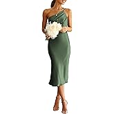 PRETTYGARDEN Women's Midi Satin Dress One Shoulder Spaghetti Strap Backless Ruched Summer Bodycon Dresses