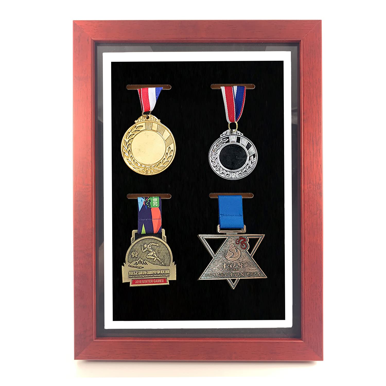 WANLIAN Medal Display Shadow Box, Medal Display Frame, 4 Medals Display Case, Perfect Medal DisplayWar Military, Runners, Marathon, RECE Winner, Football, Gymnastics & All Sports (Red Wood, 13x9.5'')
