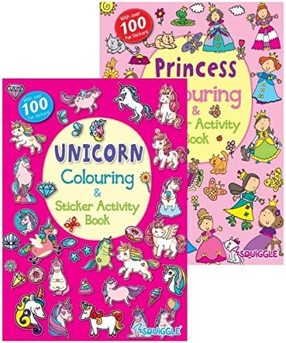 Squiggle A4 Unicorn & Princess Activity & Colouring Books - Set of 2 with 200 Stickers for Kids, Multicolor