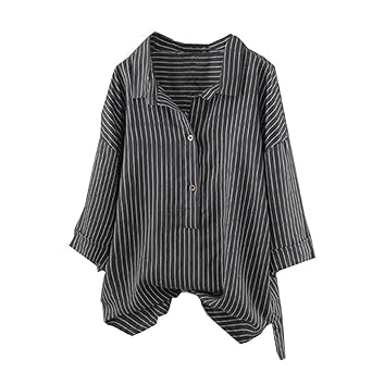 Damen Bluse Innerternet Frauen Oberteil Baumwolle Leinen Langarmshirt Hemd Blusen Tops Elegant Casual Langarm Gestreift Tunik