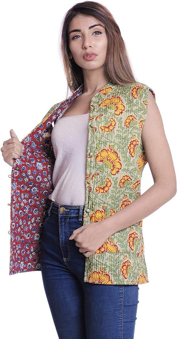 Indian Style Quilted Cotton Jacket Printed Boho wrap Quilted Reversible Jacket Green at Amazon