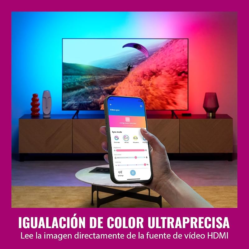 HDMI Sync Box con retroiluminación de TV - Sincroniza la luz con tus películas, juegos y música - HDMI 2.0 - Soporta 4K a 60Hz - Tira LED RGBIC para televisores de 75«-85» - Control por App/Voz