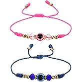 MECCANIXITY Rose Red/Blue Evil Eye Bracelets for Women Men Family 2 Pcs Adjustable String Good Luck Protection Handmade Eye Bracelet Blessing Jewelry