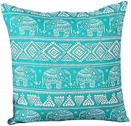 Cotton Linen Southeast Asia Bohemian Diamond Geometric Pattern Boho Elephant Square Throw Pillow Covers Cushion Cover Decorative Sofa Bedroom Living Room (Turquoise)