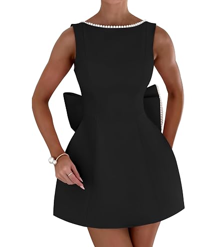 Azhong Women's Summer Sexy Strapless A-Line Sleeveless Mini Dress Off The Shoulder Backless Cute Pearl Bow Dress Black : Clothing, Shoes & Jewelry