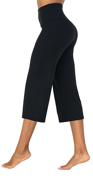 SUNZEL YOGA PANTS FOR WOMEN STRAIGHT WIDE LEG CAPRIS HIGH WAISTED LOUNGE CROP PANTS (21″ INSEAM, BLACK, M)