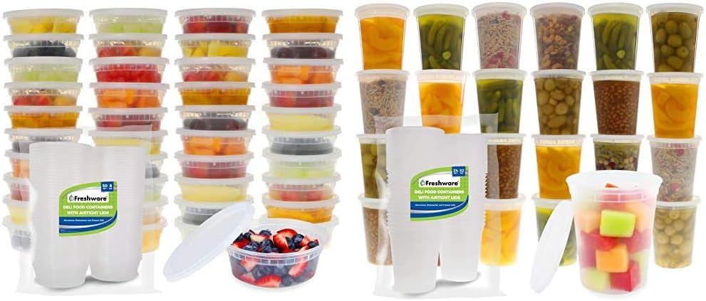 Freshware Food Storage Containers [50 Set] 8 oz Plastic Deli Containers with Lids, Slime, Soup, Meal Prep Containers & Food Storage Containers [24 Set] 32 oz Plastic Deli Containers