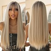 Allbell Long Straight Blonde Wigs with Bangs Ombre Hair Syntehtic Wigs for Women Heat Resistant Fiber