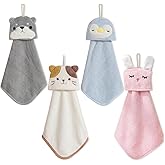 PRATIQUE 4 Pack Cute Hand Towels, Bathroom Towels with Hanging Loop, Children Hand Towel Animals, Microfiber Coral Fleece Absorbent Hand Towel for Kitchen Bathroom Bedroom (4pcs)