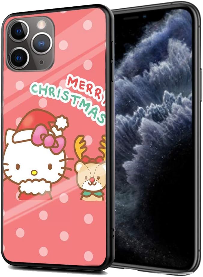 iPhone 11 Pro Case, Tempered Glass Back Cover + TPU Frame Hybrid Shell Hello Kitty Cute Cartoon Cases Silicone Shockproof Anti-Scratch Cover Compatible for Apple iPhone 11 Pro (5.8 inch)#C