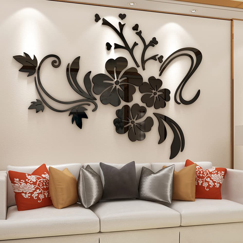 Flower Mirror Wall Art - 3D Wall Decals for Living Room, Office & Bedroom (Black, L:59 * 78 inch)