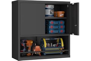 GREATMEET Garage Wall Cabinet, Metal Garage Storage Cabinets, Locking Utility Cabinet, Hanging Cabinets for Wall, Wall-Mounted Garage Cabinets, Black