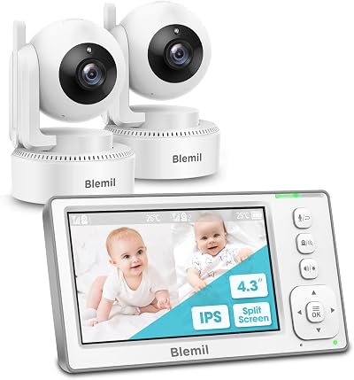 Blemil Upgrade Baby Monitor 29H Battery 4.3 Inch IPS Split Screen 2 Cameras