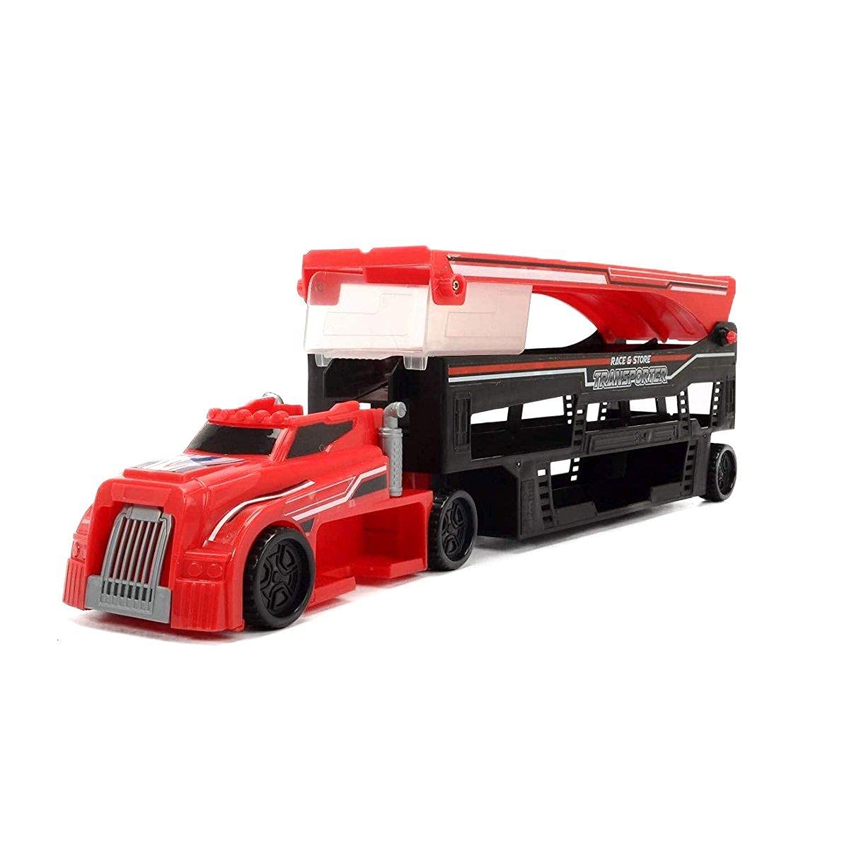 Dickie Toys Stack & Store Red Car Carrier with EXIT Ramp, Launchpad & Space for 28 Vehicles