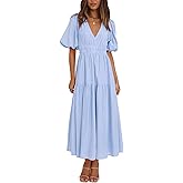 Lucrosun Women's Summer V Neck Short Puff Sleeve A Line Tiered Midi Dress