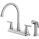 HURRAN 2-Handle Kitchen Faucet with Pull-Out Side Sprayer, 8 Inch High Arch Stainless Steel 360°Rotating Kitchen Sink Faucet, 4 Hole Faucet for Kitchen Bar Rv Camper, Nickel