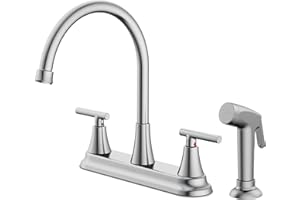 HURRAN 2-Handle Kitchen Faucet with Pull-Out Side Sprayer, 8 Inch High Arch Stainless Steel 360°Rotating Kitchen Sink Faucet, 4 Hole Faucet for Kitchen Bar Rv Camper, Nickel