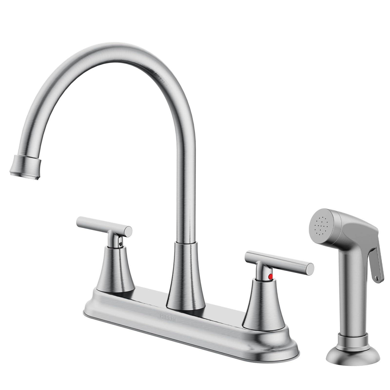 Photo 1 of HURRAN 2-Handle Kitchen Faucet with Pull-Out Side Sprayer, 8 Inch High Arch Stainless Steel 360°Rotating Kitchen Sink Faucet, 4 Hole Faucet for Kitchen Bar Rv Camper, Nickel